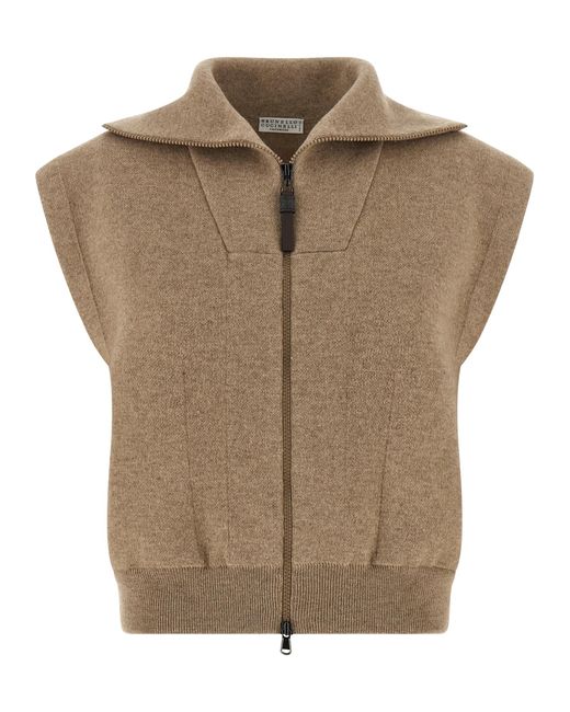 Brunello Cucinelli Brown Cashmere Sleeveless Jacket Clothing