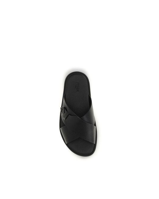 Fendi Black Calf Leather Bos Taurus Flat Sandals for men