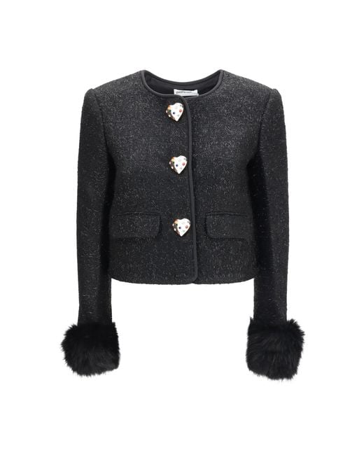Self-Portrait Black Metallic Bouclé Jacket With Faux Fur Cuffs