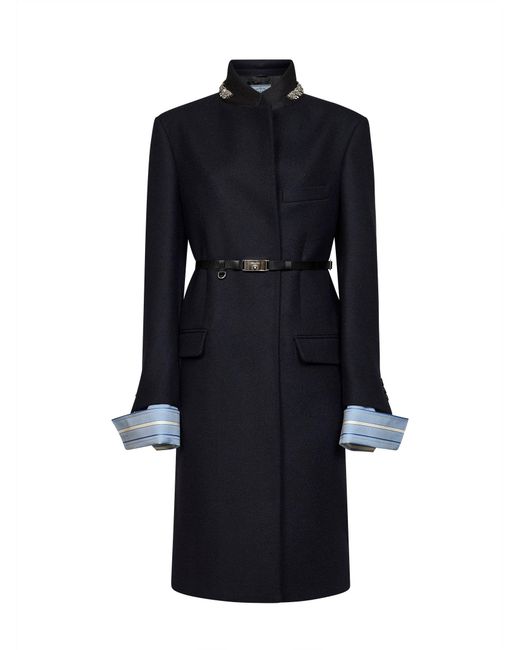 Prada Blue Abbigliamento Virgin Wool Embroidered Belted Coat
