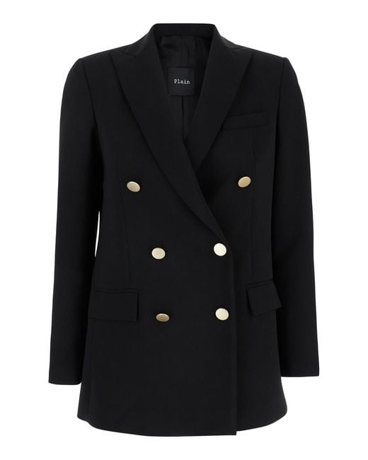 Le Plain Black Double-Breasted Jacket With Golden Buttons