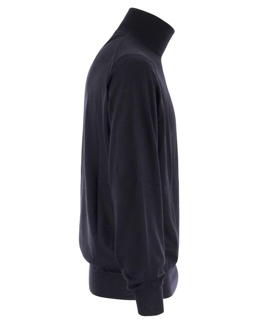 Brunello Cucinelli Blue Lightweight Turtleneck Sweater In Cashmere And Silk for men