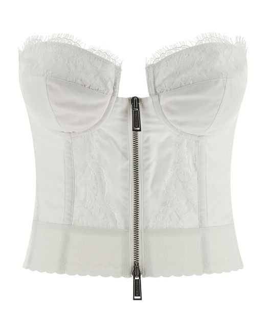 DSquared² White Off-The-Shoulder Bustier Top With Lace And Tulle Detailing
