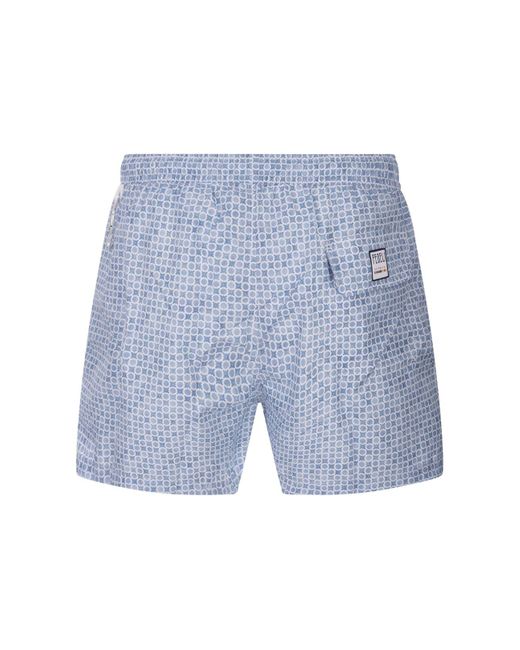 Fedeli Blue Swim Shorts With Micro Pattern Of Polka Dots And Flowers for men