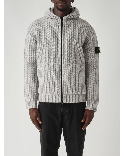Stone Island Gray Fishermans Rib Rws Wool And Cashmere Oversize-Fit. Maglione Con Cappuccio E Zip for men