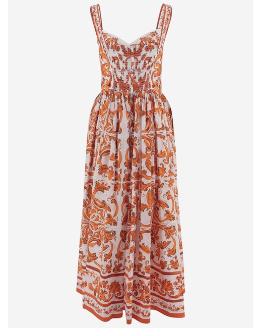 Dolce & Gabbana Red Dress Cotton Poplin Majolica Print