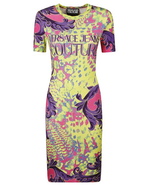 Versace Multicolor Animalier Logo Print Slim Dress