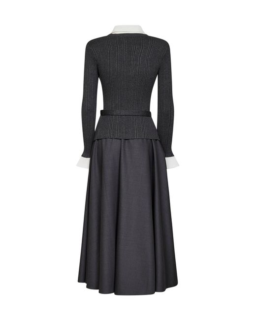 Self-Portrait Black Knit And Twill Belted Midi Dress