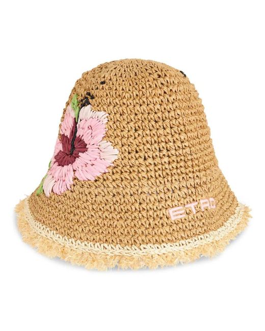 Etro Natural Raffia Bucket Hat With Embroidery