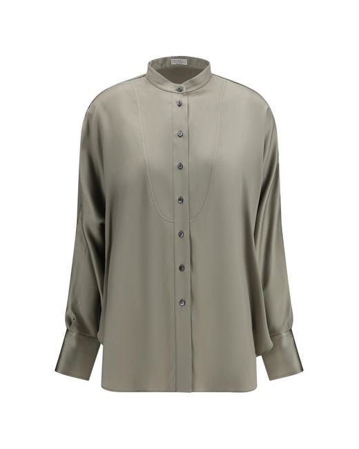 Brunello Cucinelli Gray Silk Shirt With Monili Details Silk; Elastane