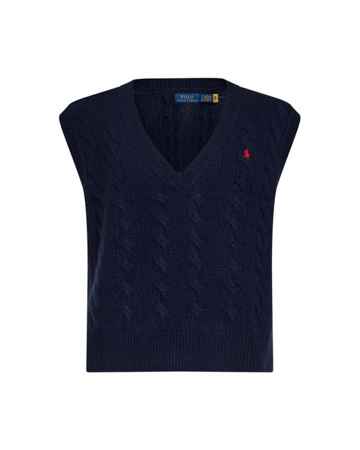 Polo Ralph Lauren Blue Vest Cable-Knit Wool-Cashmere Knitwear