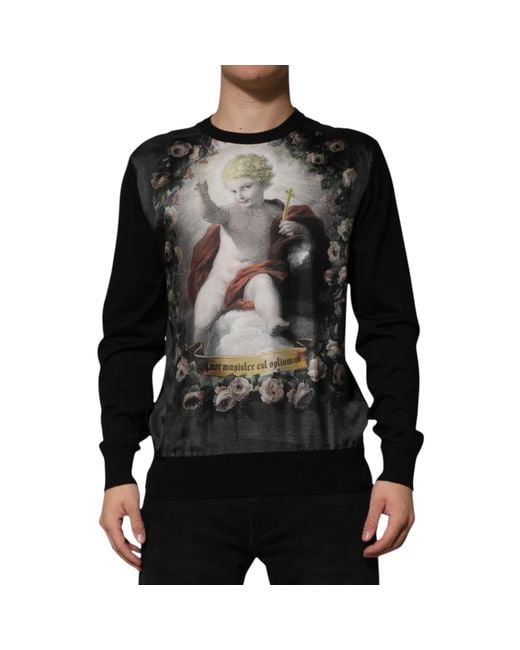 Dolce & Gabbana Black Cashmere Cherub Print Baroque Sweater Silk Clothing for men