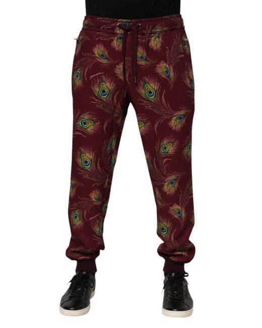 Dolce & Gabbana Red Peacock Feather Print Jogger Pants Polyester Elastane for men