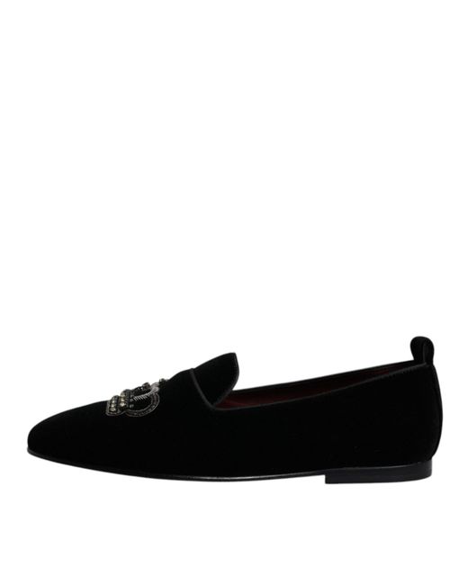 Dolce & Gabbana Black Velvet Crystal Crown Loafers Shoes for men