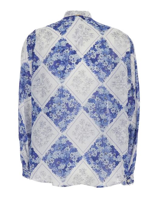 Twinset Blue High Neck Floral Pattern All-Over Fabric Shirt For Ramie And Blouses