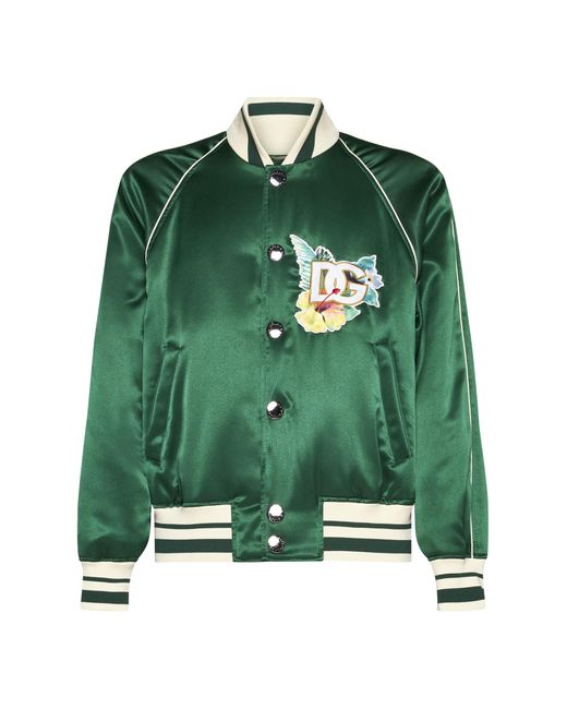 Dolce & Gabbana Green Logo-patch Satin Varsity Bomber Jacket for men