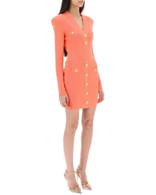 Balmain Orange Knit Minidress With Embossed Buttons