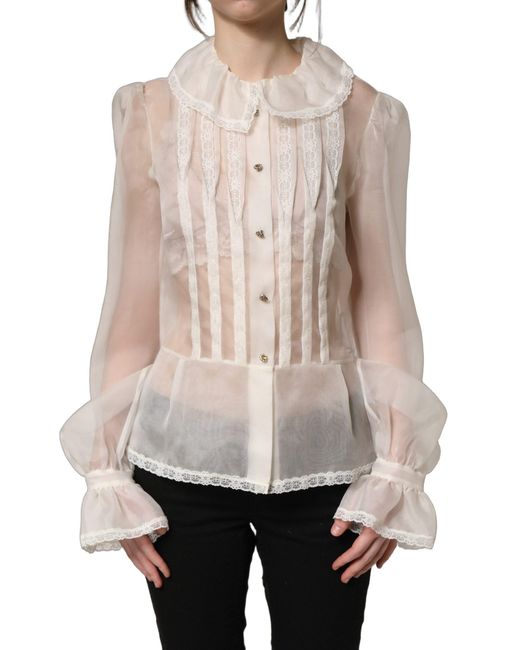 Dolce & Gabbana Natural Ruffled Sheer Silk Buttoned Blouse Top Off Nylon