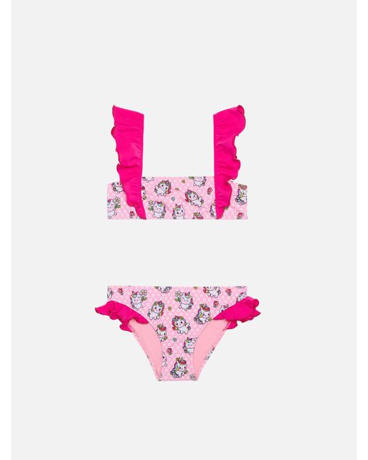 Mc2 Saint Barth Pink Girl Ruffled Bandeau Bikini With Unicorns Print
