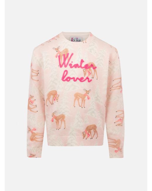 Mc2 Saint Barth Pink Girl Crewneck Sweater Princess With Pines Fawn Print And Winter Lover Embroidery