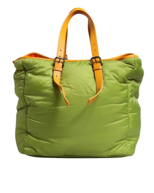 Dolce & Gabbana Green Nylon Padded Logo Plaque Tote Crossbody Bag