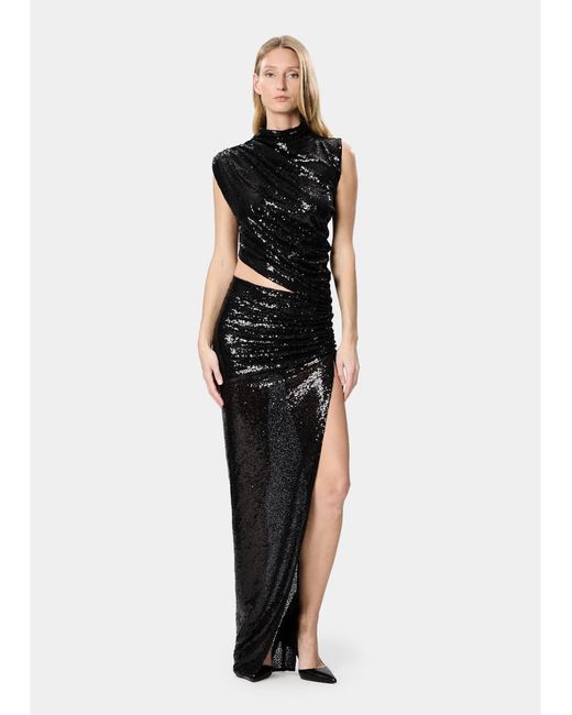 Amazuìn Black Sequined Stretch Tulle Detachable Maxi Dress With Cut-Out Detail And Side Slit