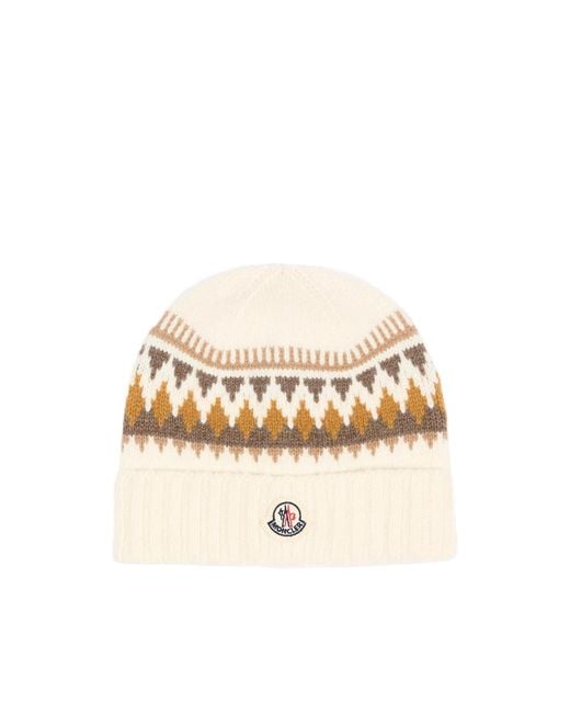 Moncler Natural Knitted Hat Fair Isle Ivory Wool Cashmere Virgin for men