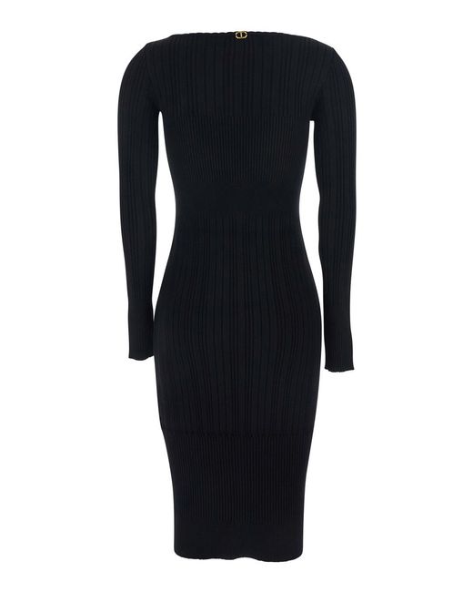 Twinset Blue Long Dress With Boat Neck And Ribbed Design