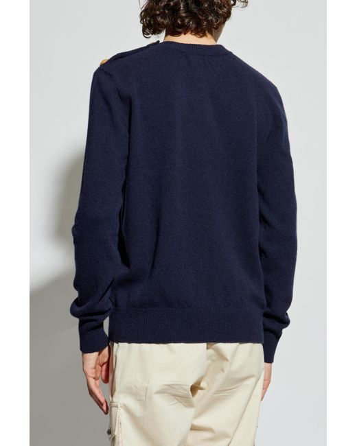 Balmain Blue Sweater With Snap Fastening On The Shoulder for men