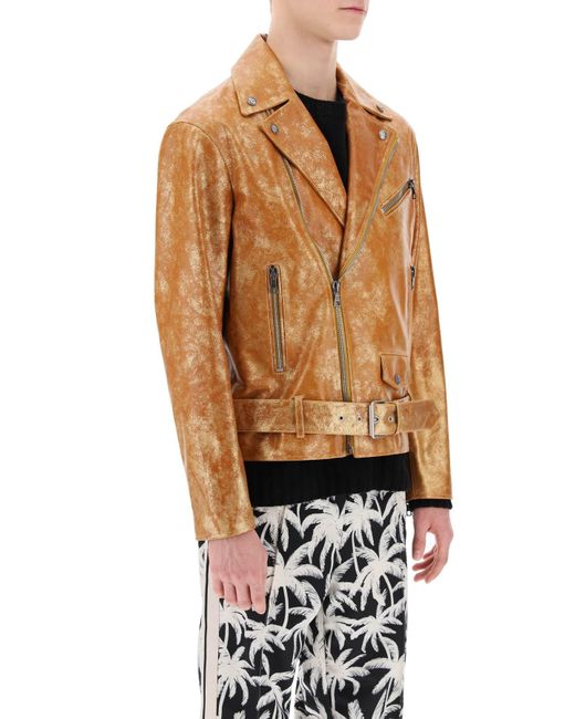 Palm Angels Brown Pa City Biker Jacket In Laminated Leather for men