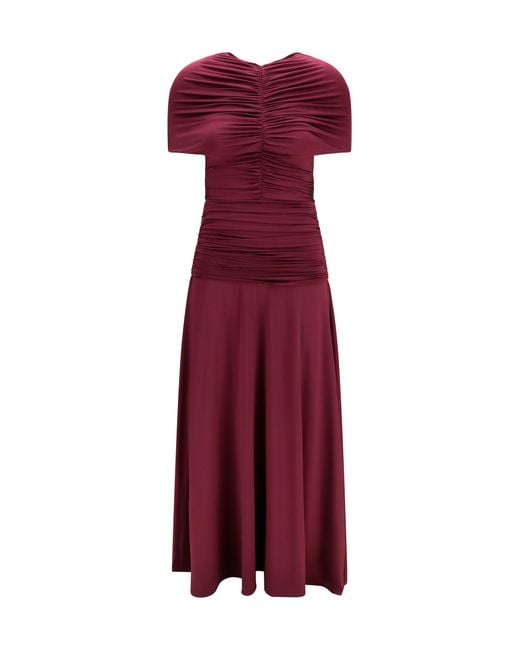 Self-Portrait Red Ruched Midi Dress Jersey Viscose; Elastane