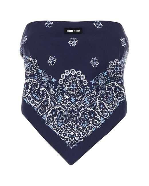Miu Miu Blue Printed Cotton Blend Top
