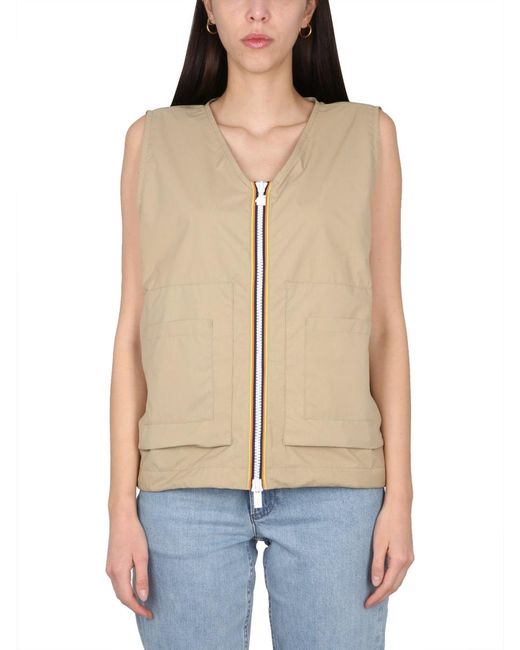 K-Way Blue V-Neck Vest With Zipper Closure Nylon Waistcoats & Gilets