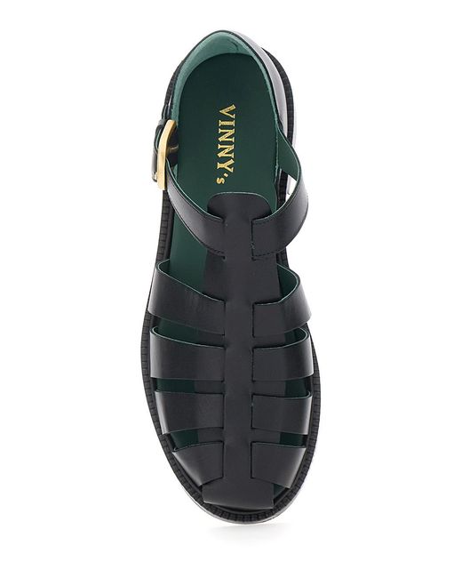 VINNY'S Black Leather Cage Design Sandals With Buckle Closure Nappa Flat Shoes for men