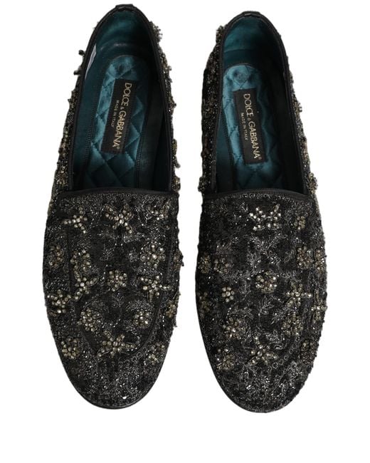 Dolce & Gabbana Black Rhinestone Embellished Loafers Shoes Leather for men