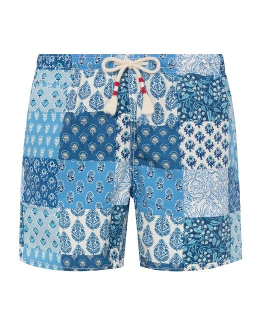 Mc2 Saint Barth Blue Mid-Length Swim-Shorts Caprese With Floral Patch Print Swimshort