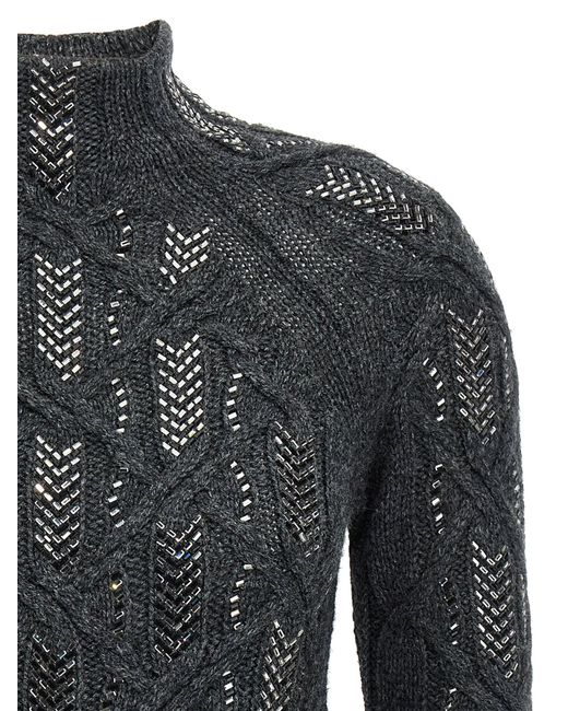 Ermanno Scervino Black Crystal Appliqué Braided Sweater With High Neckline