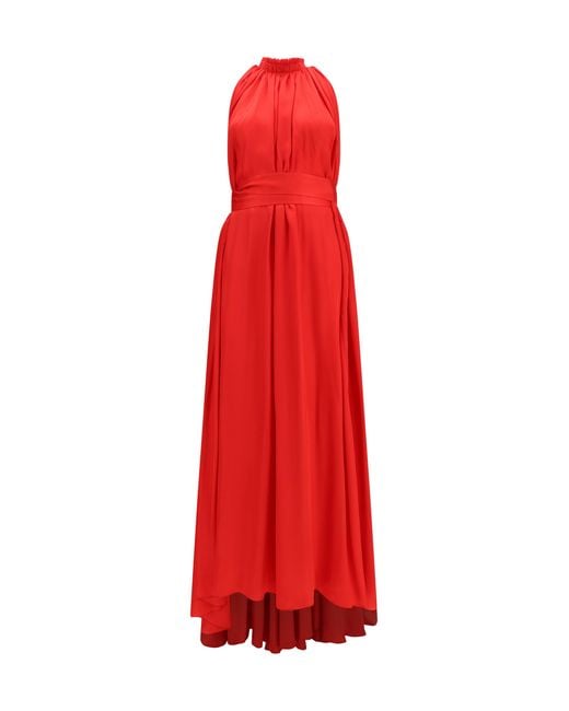 Sa Su Phi Red Belted Pleated Dress Polyester; Cotton Long