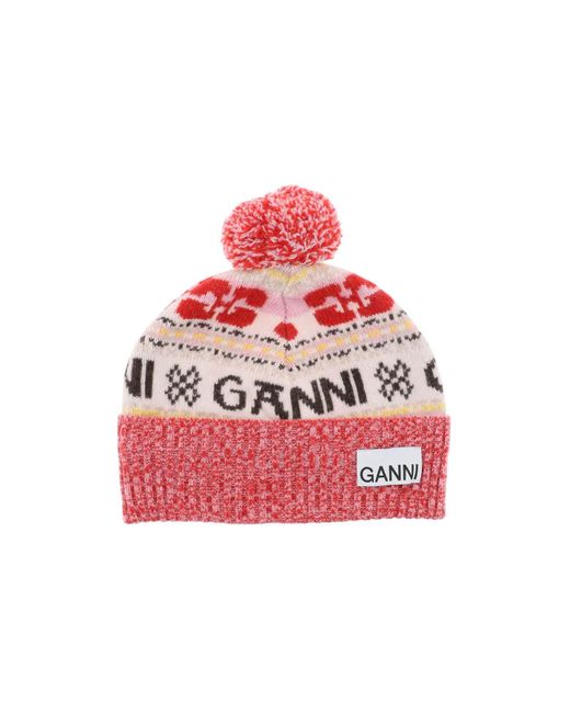 Ganni Red Recycled Wool Beanie Hat