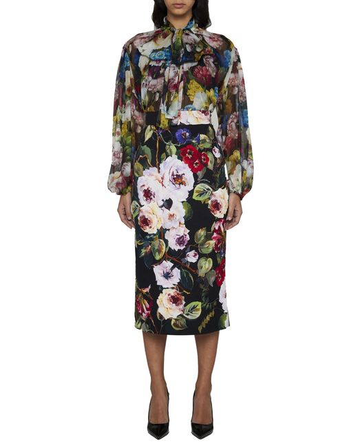 Dolce & Gabbana Multicolor Charmeuse Calf-Length Skirt With Rose Garden