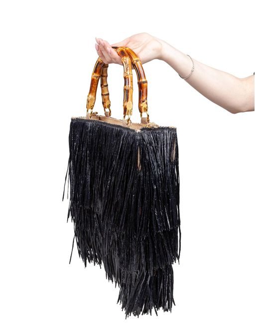 La Milanesa Black Medium Tan Raffia Shopping Bag With Fringes