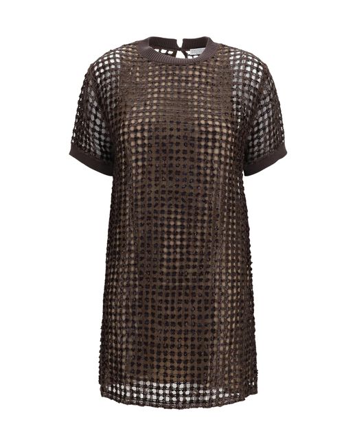 Brunello Cucinelli Black Sequin Mesh Mini Dress Silk; Linen