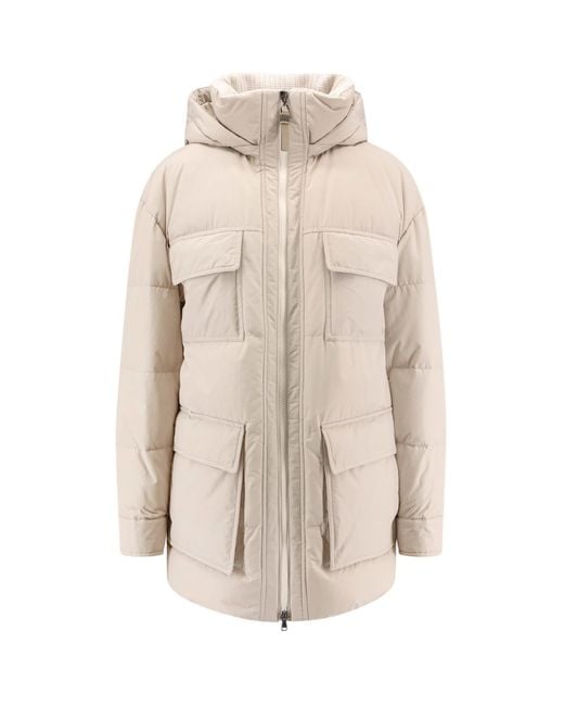 Brunello Cucinelli Natural Nylon And Cotton Hooded Down Jacket