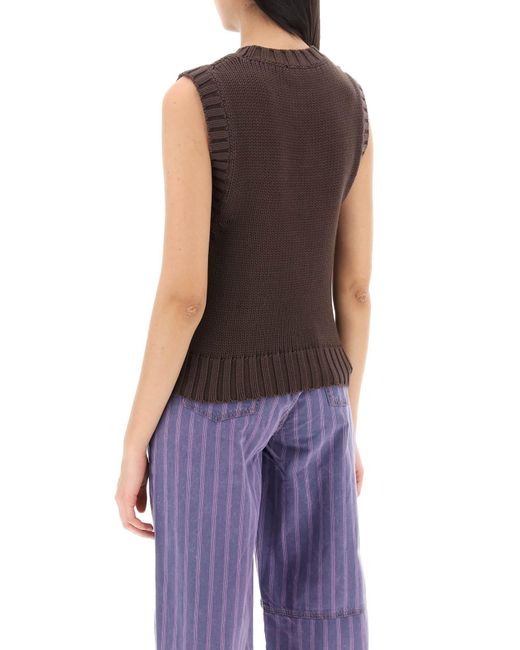 Ganni Brown Open Stitch Knitted Vest With Logo