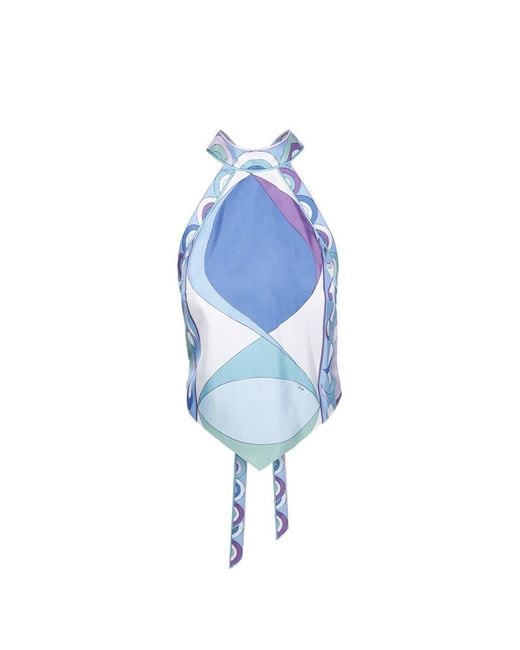 Emilio Pucci Blue Pesci-Printed Open-Back Halterneck Top