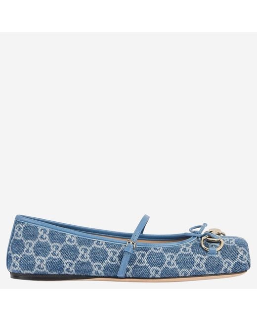 Gucci Blue Flats Gg Fabric Leather And