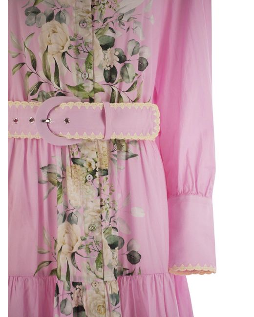 Mc2 Saint Barth Pink Long Cotton Dress With Floral Pattern