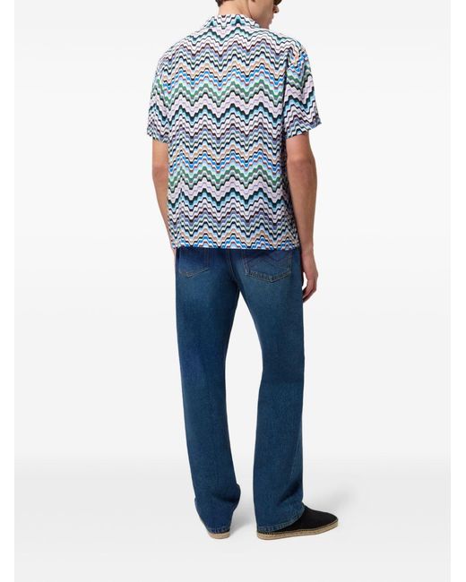 Missoni Blue Viscose Bowling Shirt With Irregular Greek-Key Zigzag Pattern for men