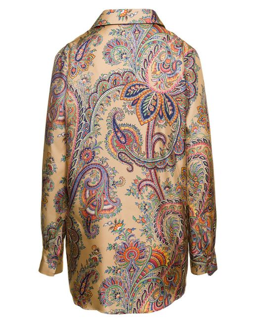Etro Natural Blouse With All-Over Paisley Motif And Button Fatening