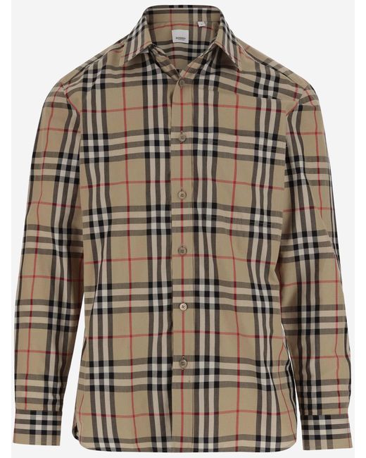 Burberry Brown Cotton Poplin Shirt With Check Pattern for men